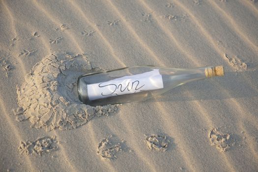 A clear glass bottle washed up on the beach