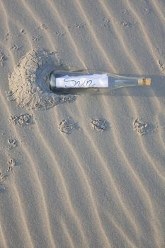 A clear glass bottle washed up on the beach