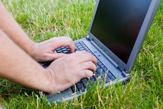 Hands and laptop on the herb