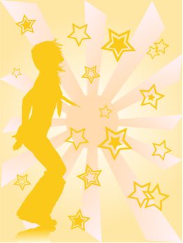 silhouette of dancing girl against the sun and stars background
