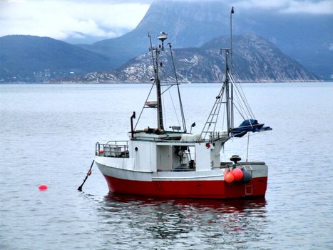 Fishing cutter on anchor in a small harbor.