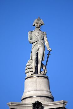 Close up of the statue of Admiral Nelson on top of Nelson''s Column, Trafalgar Square, London England