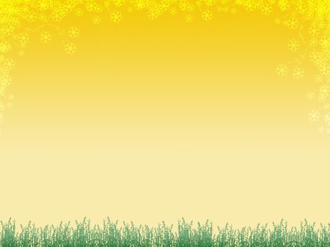 Background with green grass and yellow flowers.