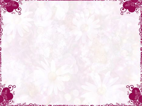 Framed valentine background with hearts and light flowers.
