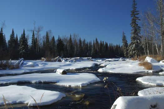 Unfrozen water running down the river