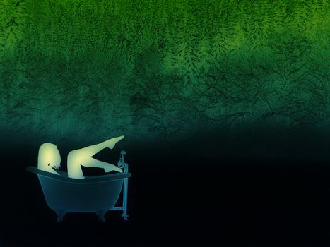 Woman taking an outdoor bath. Dark illustraion.