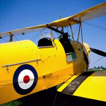 Cockpit of an old biplane with RAF logo