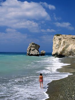  Aphrodite rock, Cyprus, with girl in foreground