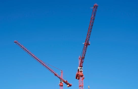 Two cranes working high above city