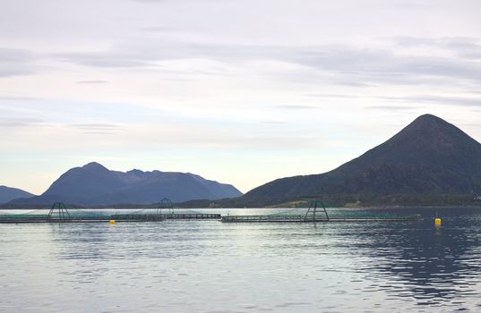 Fish farms in Norwegian fjord.