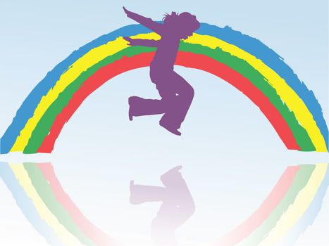 cheerful child jumps against the rainbow background