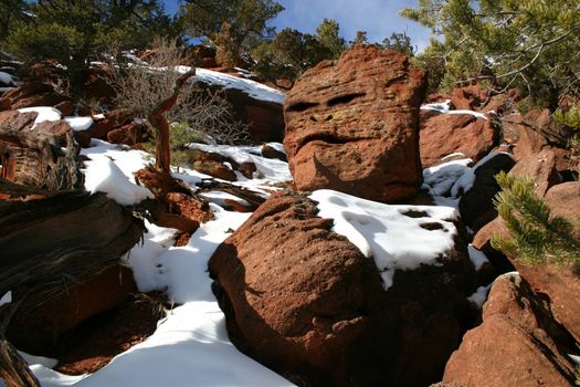 Giant granite boulder in snow covered Red Canyon looks like a rocky monster head sitting in the snow.