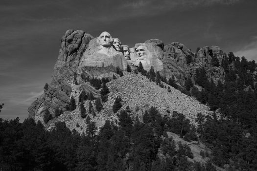 Black and white view of Mount Rushmore in South Dakota