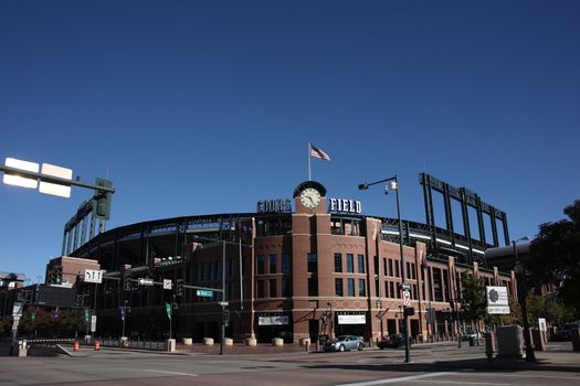 View of mile high Colorado Rockies ballpark in downtown Denver