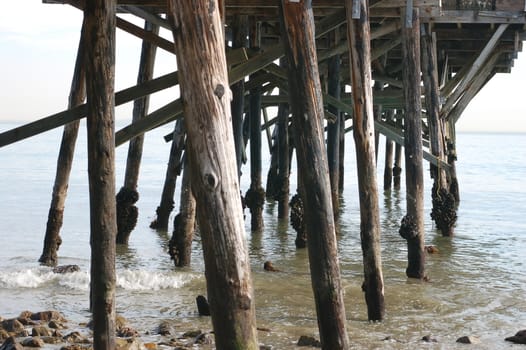 Wooden struts in the ocean of an old rickety pier from the underside on the right hand side