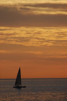 Portrait shot of a small sail boat at sunset against the horizon.