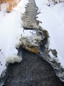 stream of water run through the snow and ice