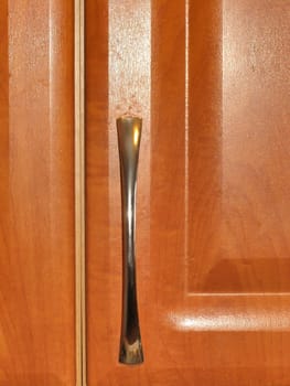 The wooden brown door with metallic handle