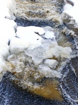stream of water run through the snow and ice
