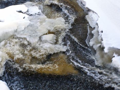 stream of water waves run through the snow and ice