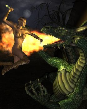 3D rendered fantasy scene with attacking woman assassin on dragon