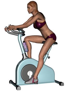 3D rendered training woman on excersise equipment on white background isolated