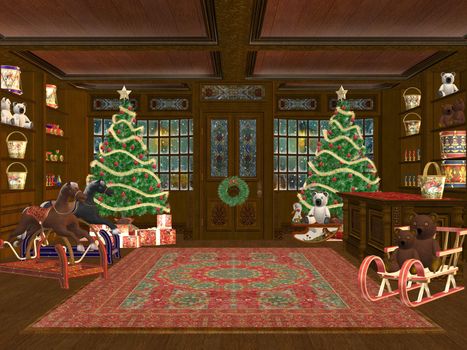 3D rendered christmas shop with tree, presents and decorations