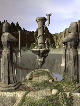 3D rendered island with tower, statues and bridge