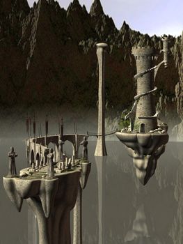 3D rendered island with tower, statues and bridge