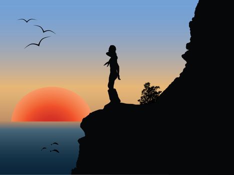 Vector silhouette of the girl on the cliff against the sunset background