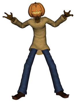 3D rendered Helloween man with pumpkin head isolated on white background