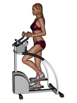 3D rendered training woman on excersise equipment on white background isolated