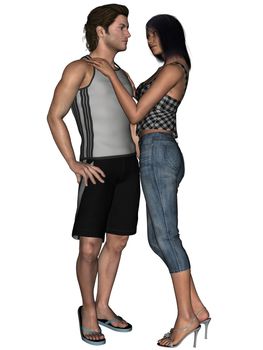 3D rendering image of lovers on together poses rendered on white background isolated