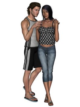 3D rendering image of lovers on together poses rendered on white background isolated