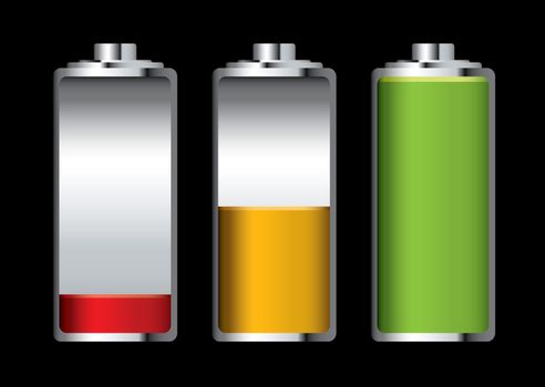 Three batteries with different levels of charge and black background