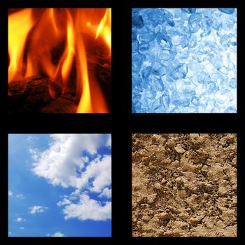 four basic elements of nature with eart, water, wind and fire