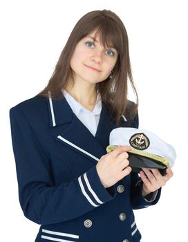 Portrait of woman in a uniform of the sea captain isolated on a white background