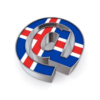 silver shiny chrome @-symbol on white background with Iceland-flag texture