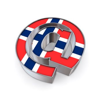 silver shiny chrome @-symbol on white background with Norway-flag texture