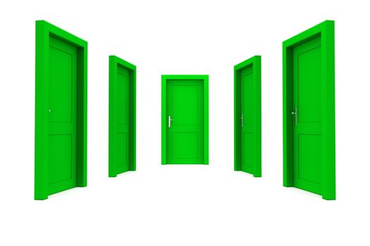 abstract hallway with five green closed doors