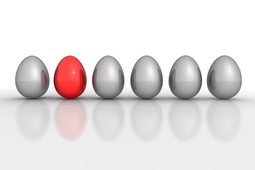 six metallic eggs ordered in a line - five eggs grey, one egg red