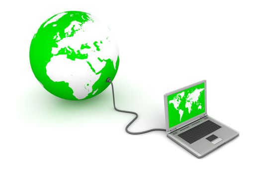 laptop wired to a green 3D globe with a grey cable - white land, green ocean