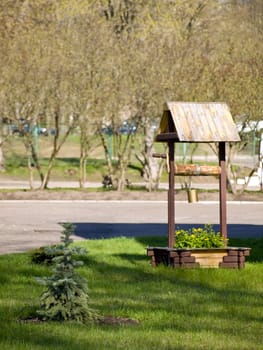 Little pine and rural water well in the green yard