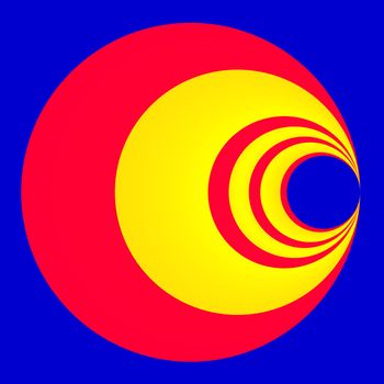 An abstract fractal of red and yellow circles on a blue background.