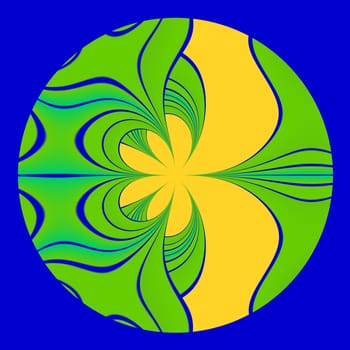 An abstract fractal done in a green and yellow pattern on a blue background.