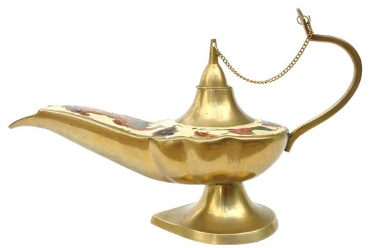 An old brass oil lamp on white background                        