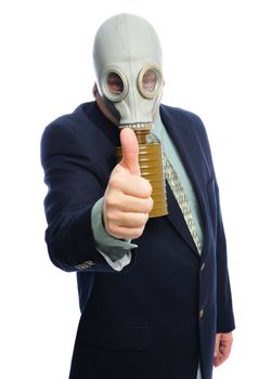 Man wearing a suit and gas mask on a white background