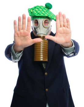 Man wearing a suit and gas mask on a white background