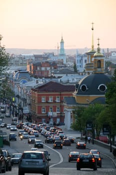 Pochtovaya square, Kiev, Ukraine, evening traffic, church.