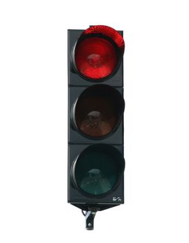 close-up photo of traffic lights, glowing red color to stop traffic, isolated on white